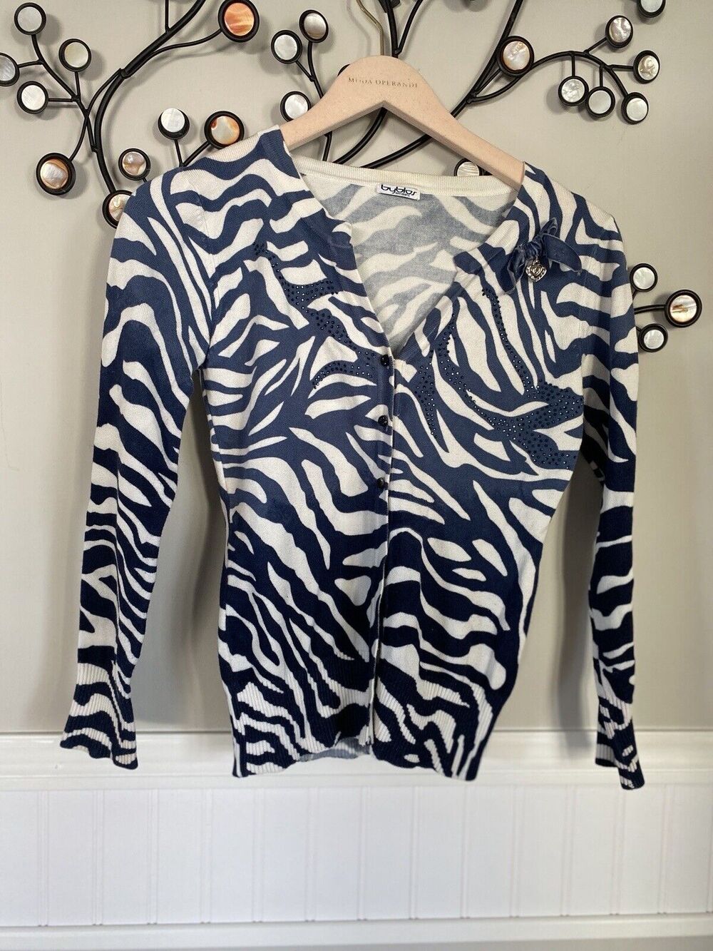 Byblos Italy Cardigan for girls Zebra print decorated velvet bow Metal heart xs
